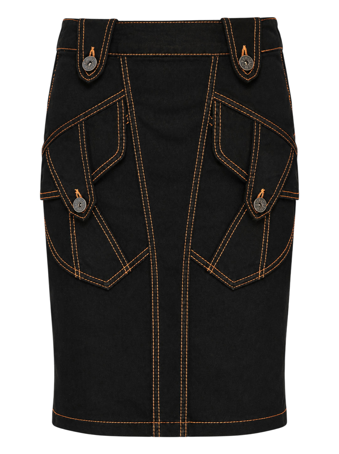 Vaquera black denim pencil skirt with orange contrast topstitching, angular flap pockets and engraved metal buttons, front view