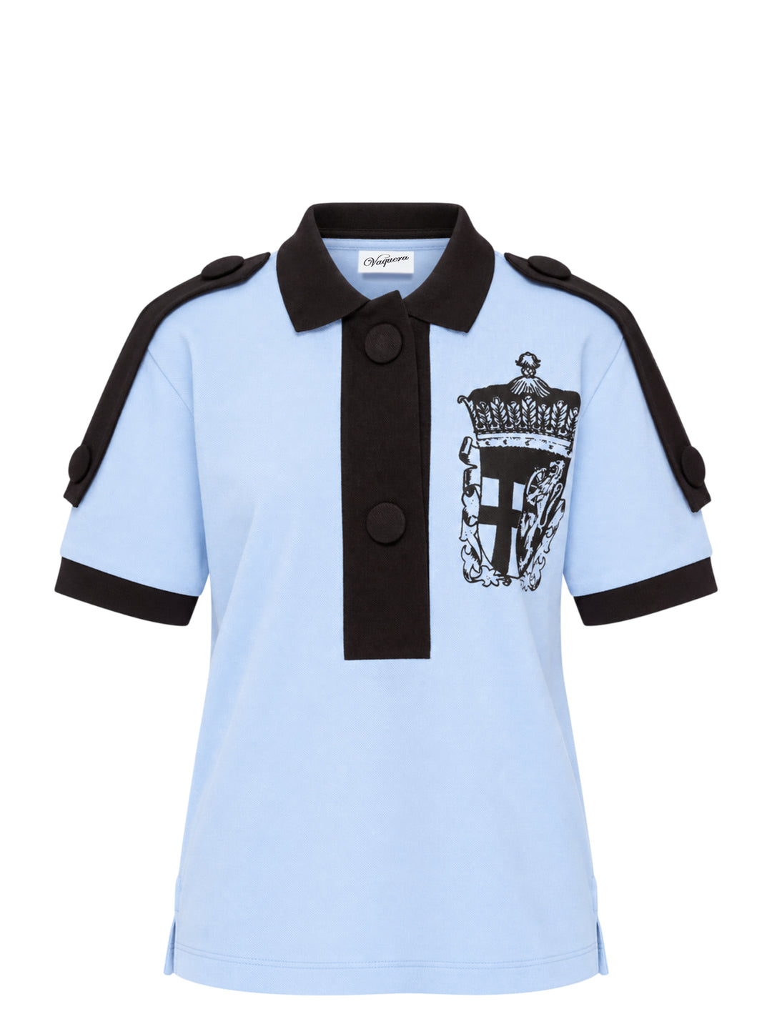 Vaquera light blue piqué polo with black collar, placket, epaulettes and cuffs, featuring a black heraldic crest print on the chest