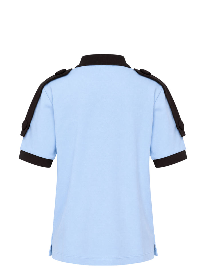 Vaquera light blue piqué polo with black collar, placket, epaulettes and cuffs, featuring a black heraldic crest print on the chest - view 2