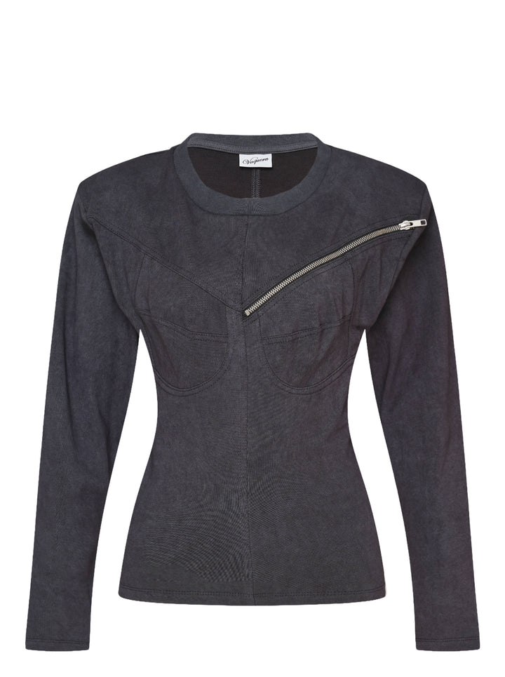 Vaquera women's charcoal long-sleeve knit top with corset-style bust seams, structured shoulders and an asymmetric diagonal zip across the chest