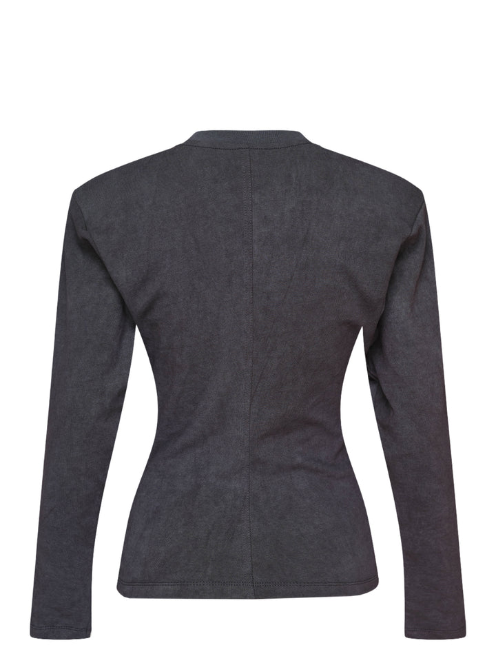 Vaquera women's charcoal long-sleeve knit top with corset-style bust seams, structured shoulders and an asymmetric diagonal zip across the chest - view 2