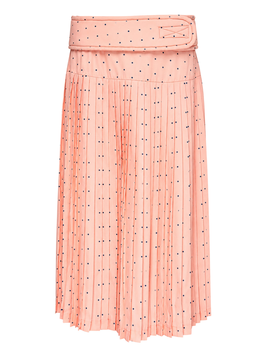 Ashley Williams peach pleated midi skirt with navy polka dots and a padded fold-over belt waistband