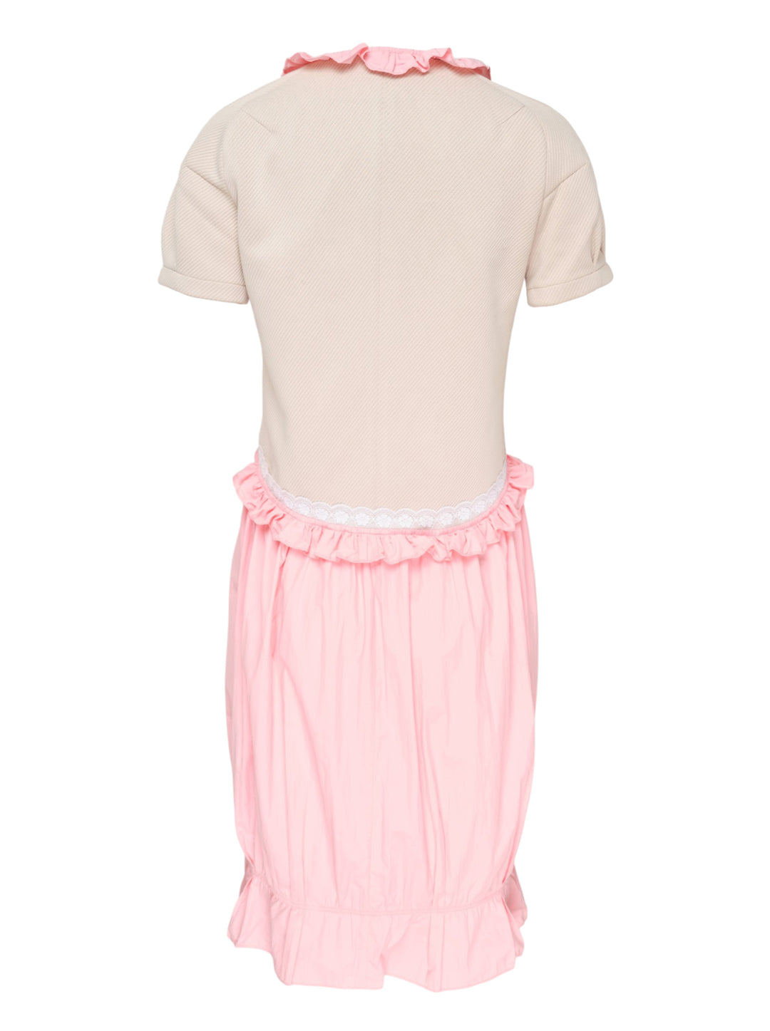 Ashley Williams Pink Anneliese Dress with beige ribbed bodice, puff sleeves, ruffled V-neckline with white lace trim, and voluminous gathered pink skirt with ruffle hem - view 2