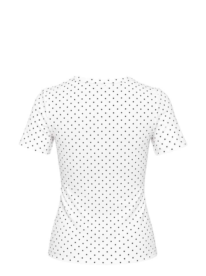 Ashley Williams Room Short Sleeve Tee with a photographic pastel bedroom interior print on the body and white polka dot short sleeves, featuring a crew neckline and fitted silhouette - view 2