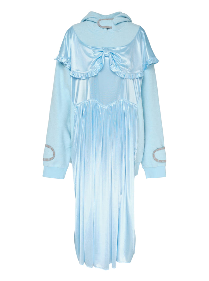 Ashley Williams ice-blue gown hoodie with satin bow capelet, ruffled trim, rhinestone sleeve appliqués, and flowing pleated satin skirt overlay, photographed flat on a white background