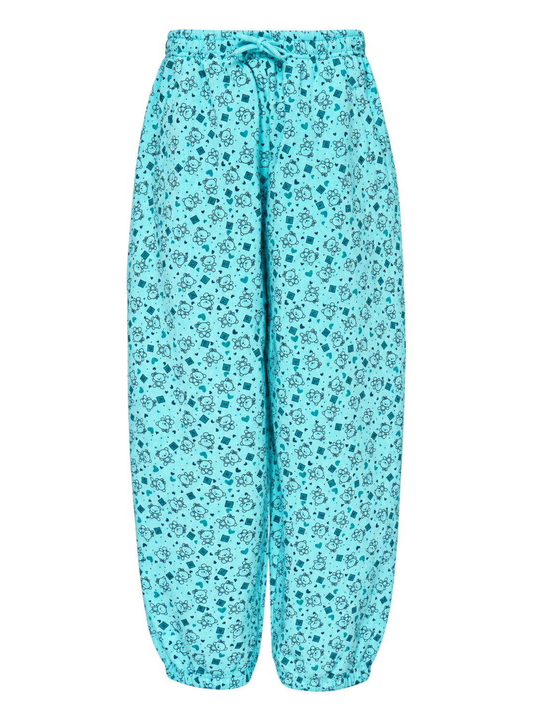 Ashley Williams Bear Print Joggers in aqua blue with all-over teddy bear, heart, and diamond scatter print, elasticated drawstring waist, and tapered elasticated ankle cuffs