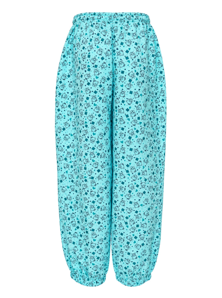 Ashley Williams Bear Print Joggers in aqua blue with all-over teddy bear, heart, and diamond scatter print, elasticated drawstring waist, and tapered elasticated ankle cuffs - view 2