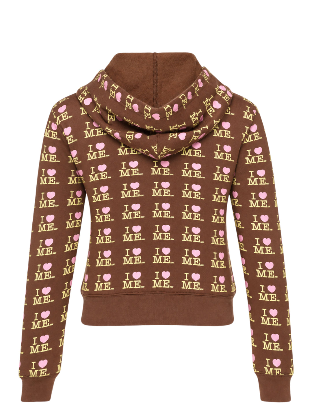 Ashley Williams chocolate brown zip-up hoodie with all-over 'I Heart Me' repeat print in yellow and pink, featuring a star-pull zip, drawstring hood, and cropped silhouette - view 2