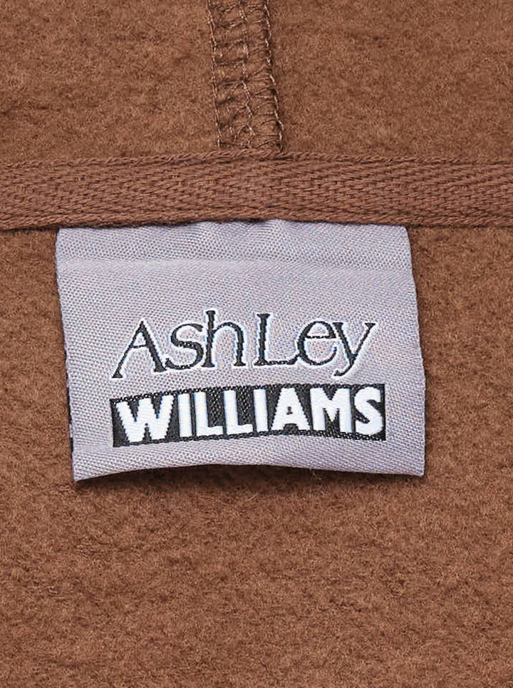 Ashley Williams chocolate brown zip-up hoodie with all-over 'I Heart Me' repeat print in yellow and pink, featuring a star-pull zip, drawstring hood, and cropped silhouette - view 3