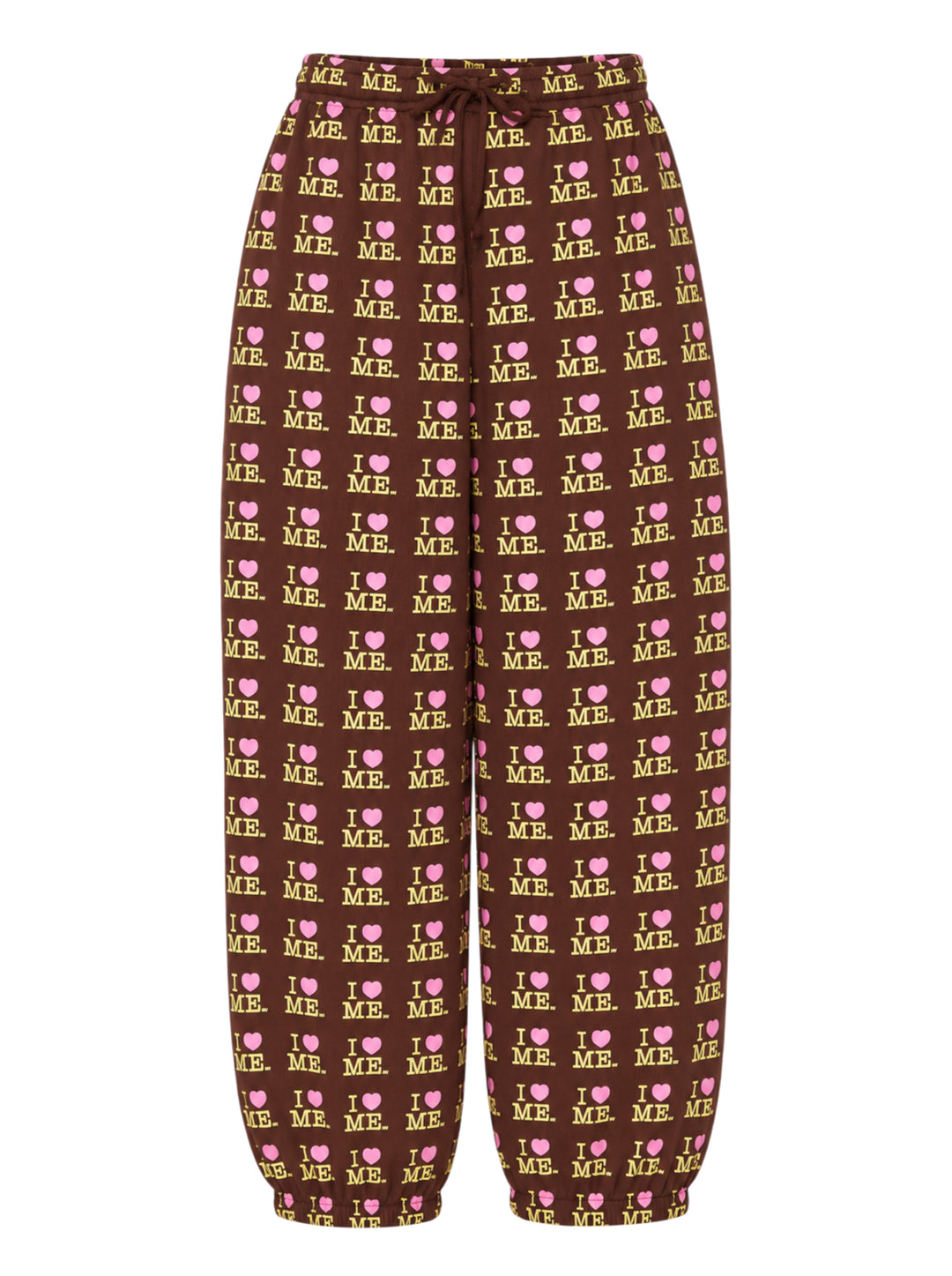 Ashley Williams Choco I Heart Me Joggers in dark brown with all-over pink and yellow 'I ♥ ME' repeat print, drawstring waistband and elasticated gathered cuffs