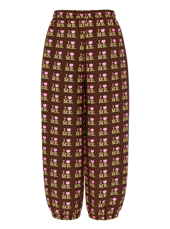 Ashley Williams Choco I Heart Me Joggers in dark brown with all-over pink and yellow 'I ♥ ME' repeat print, drawstring waistband and elasticated gathered cuffs - view 2