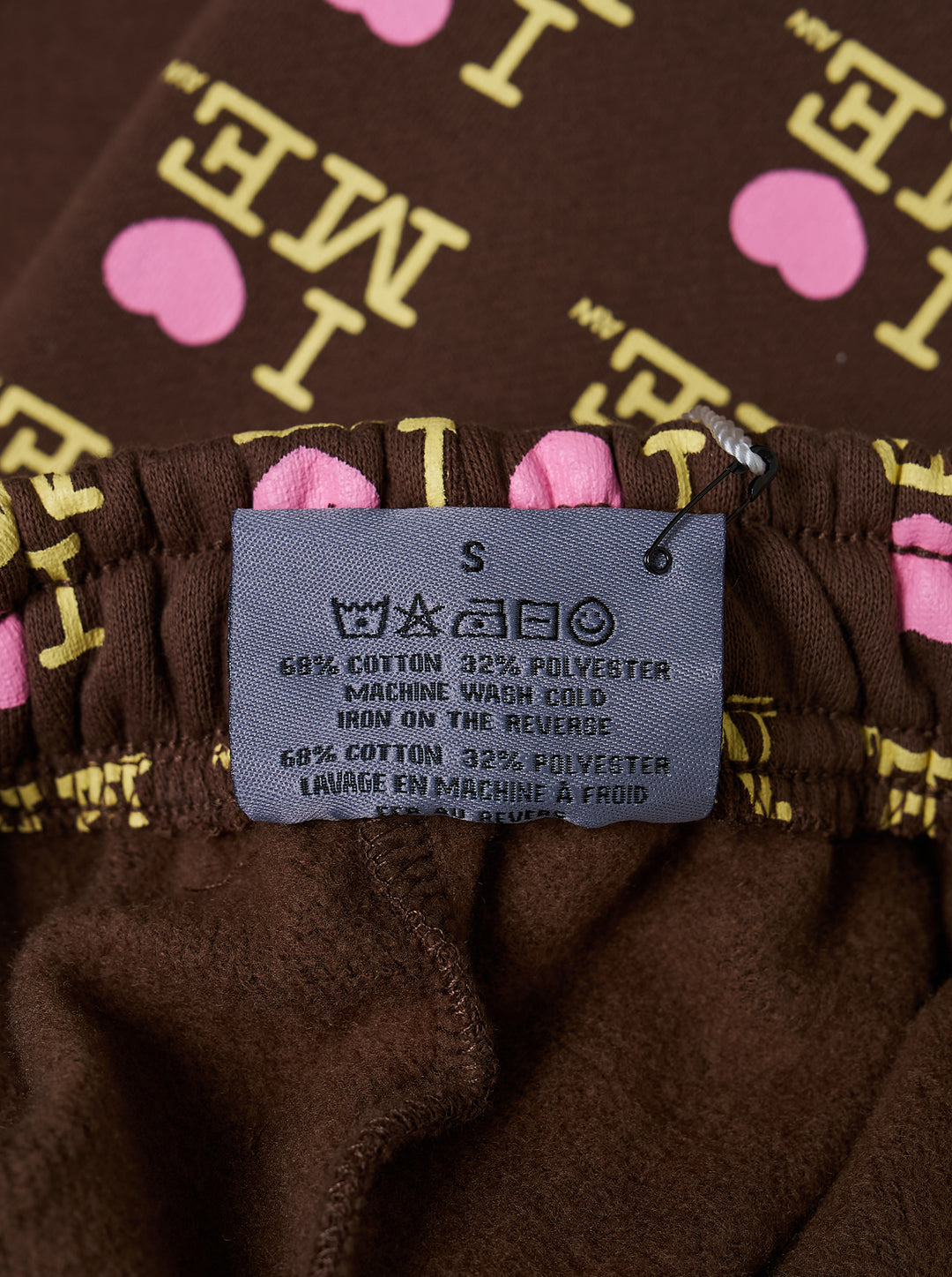 Ashley Williams Choco I Heart Me Joggers in dark brown with all-over pink and yellow 'I ♥ ME' repeat print, drawstring waistband and elasticated gathered cuffs - view 3