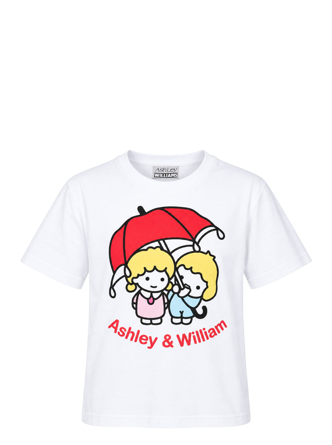 Ashley Williams white graphic tee featuring the Ashley & William cartoon characters — two blonde figures standing together under a red umbrella — with 'Ashley & William' printed in red text below