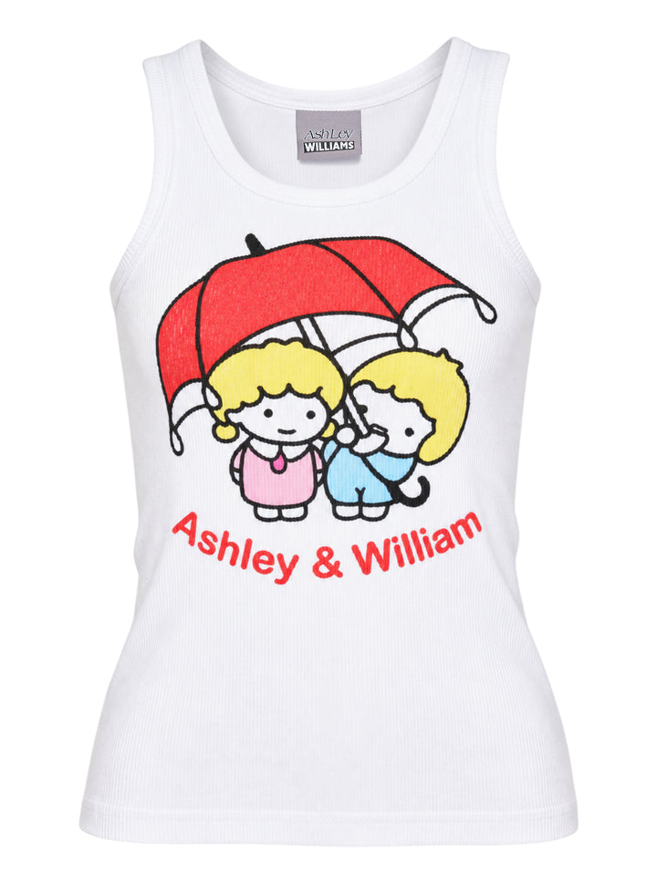 Ashley Williams white ribbed sleeveless vest featuring a kawaii cartoon graphic of two blonde figures sharing a red umbrella, with 'Ashley & William' text printed in red below