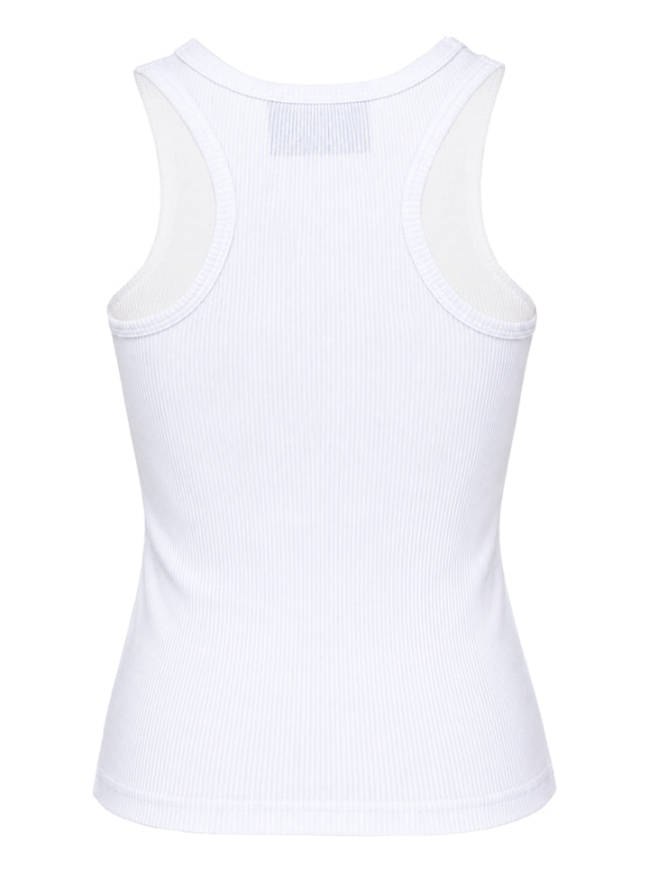 Ashley Williams white ribbed sleeveless vest featuring a kawaii cartoon graphic of two blonde figures sharing a red umbrella, with 'Ashley & William' text printed in red below - view 2