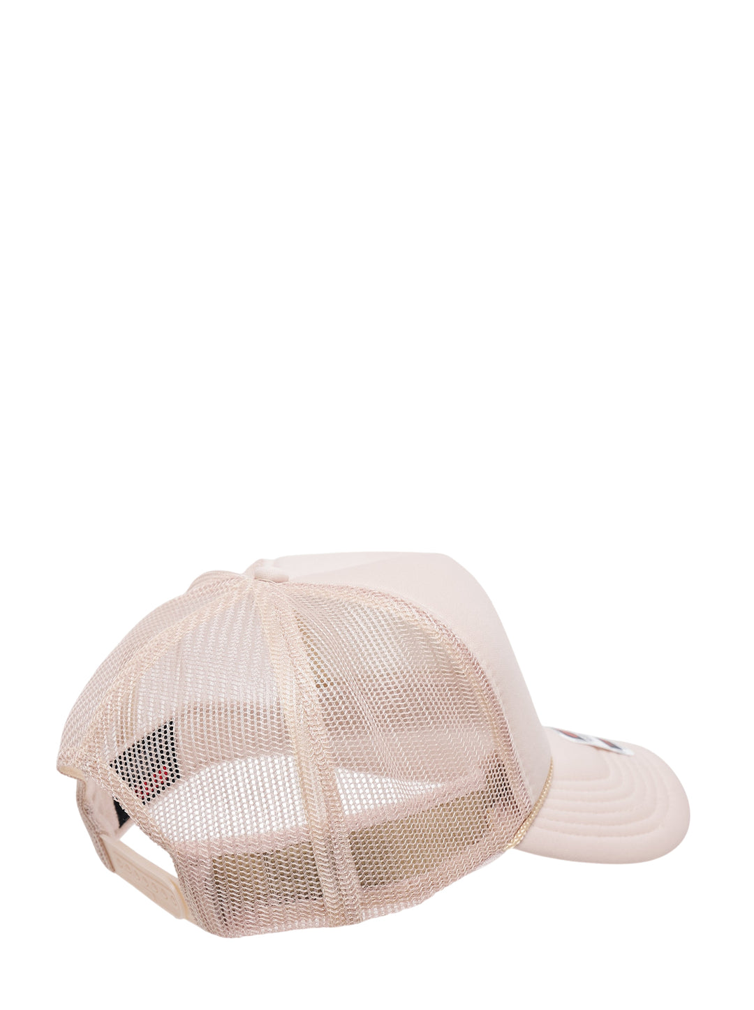 Ashley Williams cream foam-front trucker hat with Ashley & William cartoon characters under a red umbrella graphic, gold braid trim at brim and mesh back panel - view 2