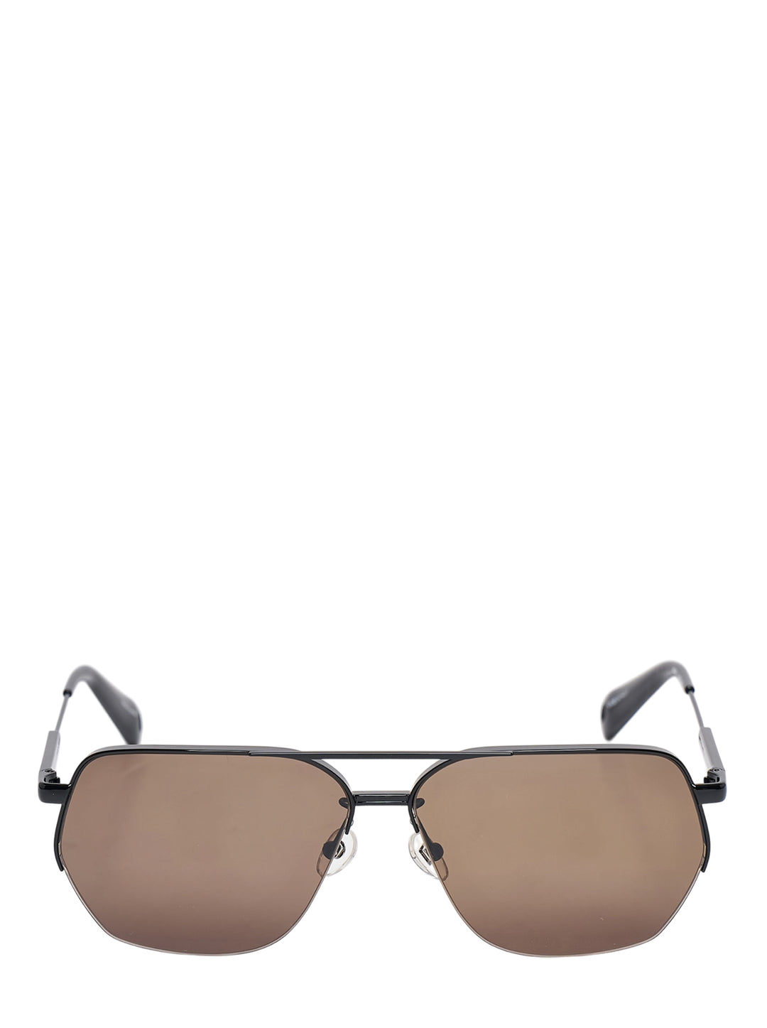 Jacquemus aviator sunglasses with a black metal double-bridge frame and brown tinted lenses, shown from the front