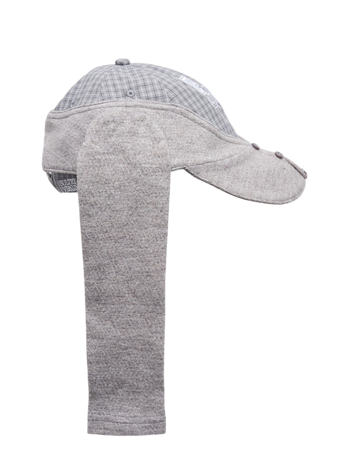 Sultry Virgin Alumni Cardigan Cap in grey plaid with embroidered FML monogram, featuring an attached grey knit cardigan with button placket and hanging sleeves - view 3