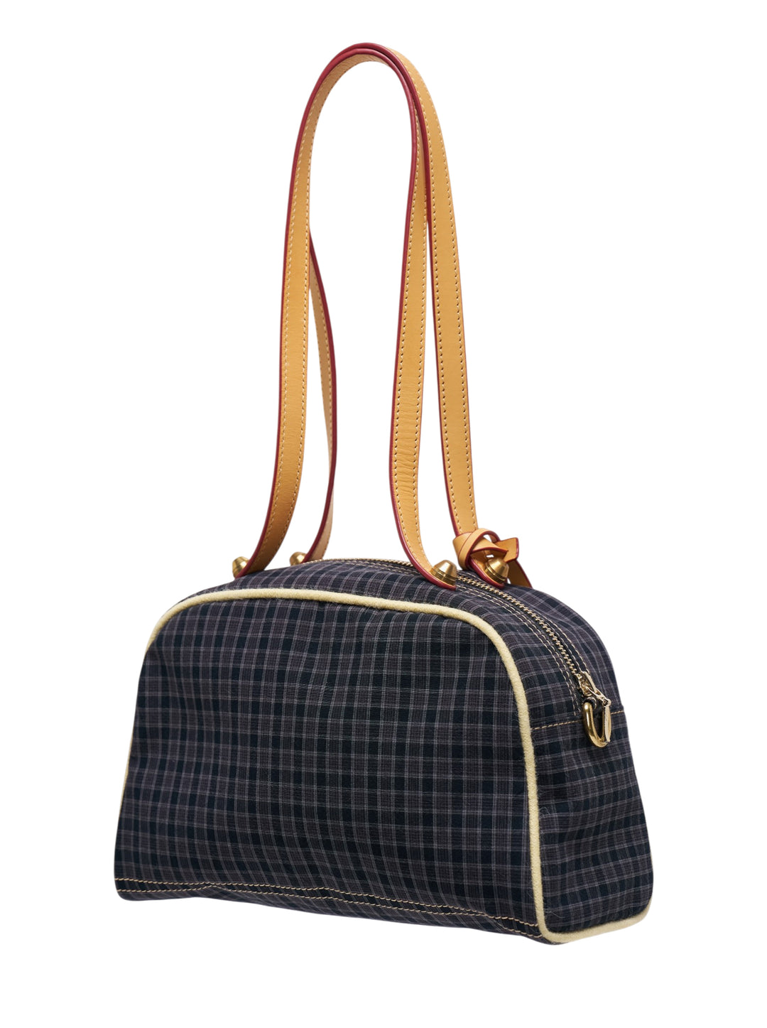 Sultry Virgin Gingham Bowling Bag in dark plaid fabric with tan leather trim, cream topstitching, bird-shaped charm pendant, and a dual-tone shoulder strap with red painted edge - view 2