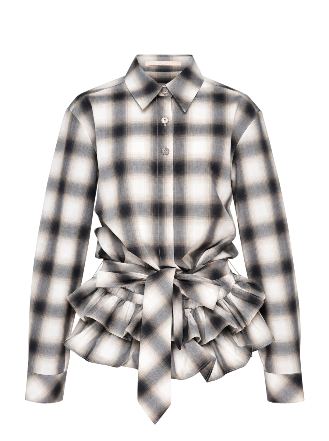 Sultry Virgin plaid tie-waist ruffle shirt in ombre charcoal and ivory check, featuring a point collar, button-front, long sleeves, and voluminous gathered ruffle hem with trailing tie detail