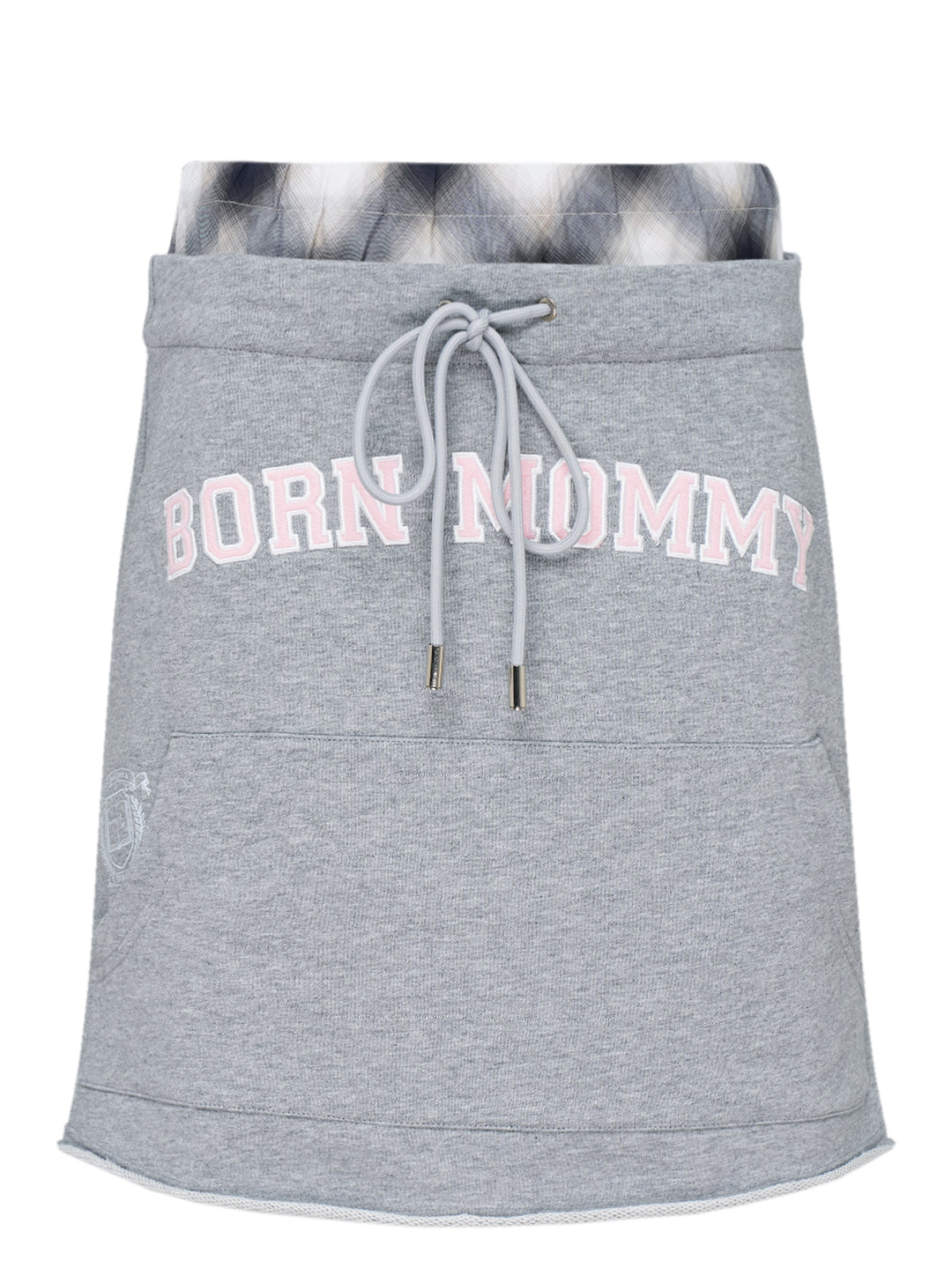 Sultry Virgin Born Mommy Varsity Skirt in heather grey sweatshirt fleece with pink collegiate lettering, drawstring waist, plaid fold-over lining, and front patch pocket