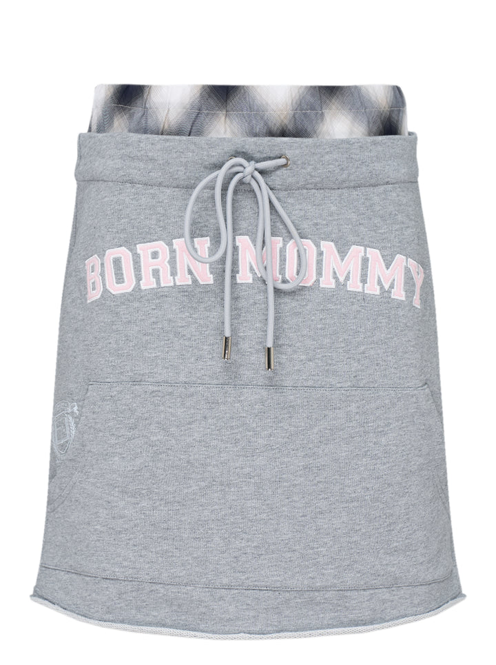 Sultry Virgin Born Mommy Varsity Skirt in heather grey sweatshirt fleece with pink collegiate lettering, drawstring waist, plaid fold-over lining, and front patch pocket