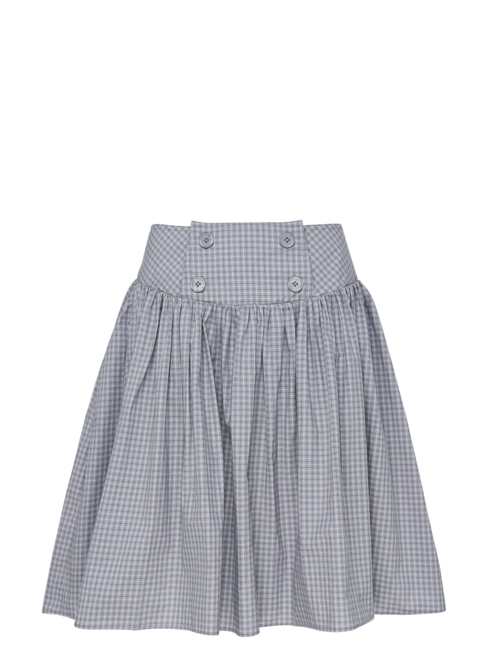 Sultry Virgin Alumna grey gingham A-line midi skirt with wide button-detailed waistband and gathered silhouette, product flat lay on white background