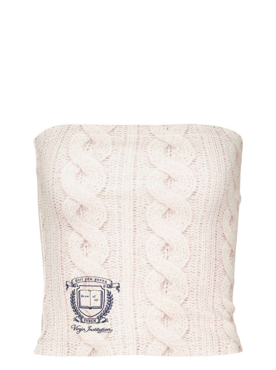 Sultry Virgin cream cable knit print strapless tube top with collegiate 'Virgin Institution' crest graphic at the hem, photographed flat on a white background