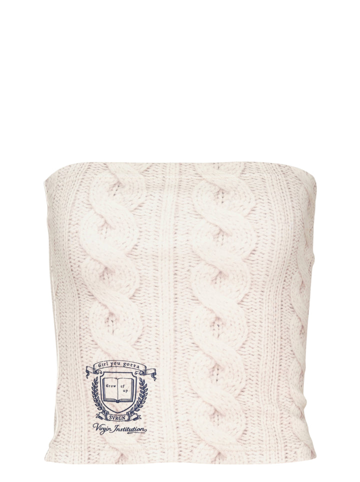 Sultry Virgin cream cable knit print strapless tube top with collegiate 'Virgin Institution' crest graphic at the hem, photographed flat on a white background