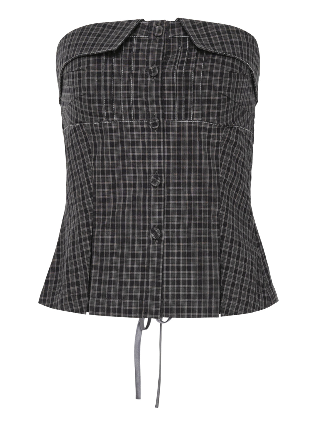 Sultry Virgin Gingham Shirting Tube Top in dark grey check with fold-over collar, self-covered button placket, contrast topstitching, and drawstring tie hem on a white background