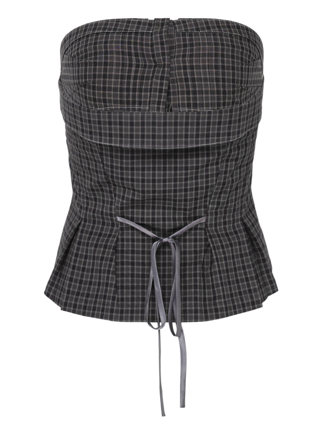 Sultry Virgin Gingham Shirting Tube Top in dark grey check with fold-over collar, self-covered button placket, contrast topstitching, and drawstring tie hem on a white background - view 2