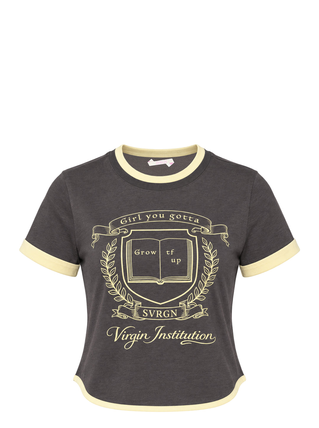 Sultry Virgin Girl Up Crest Tee in vintage-washed charcoal with pale yellow contrast ringer trim and collegiate crest graphic reading 'Girl you gotta Grow tf up' above Virgin Institution branding