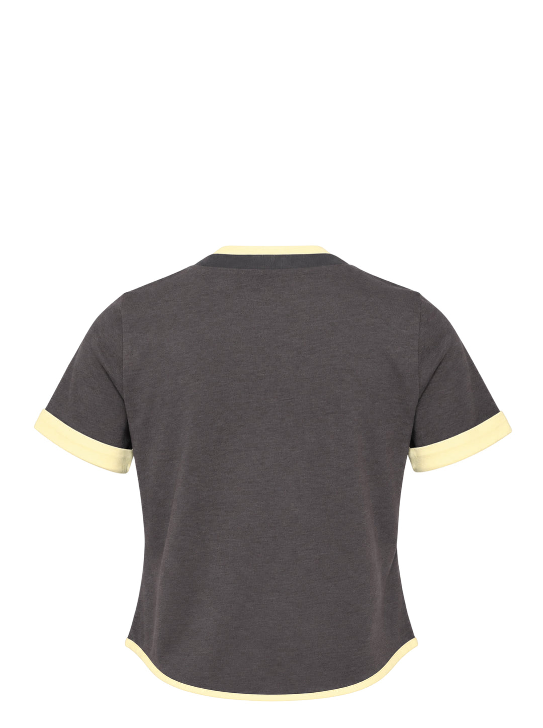 Sultry Virgin Girl Up Crest Tee in vintage-washed charcoal with pale yellow contrast ringer trim and collegiate crest graphic reading 'Girl you gotta Grow tf up' above Virgin Institution branding - view 2