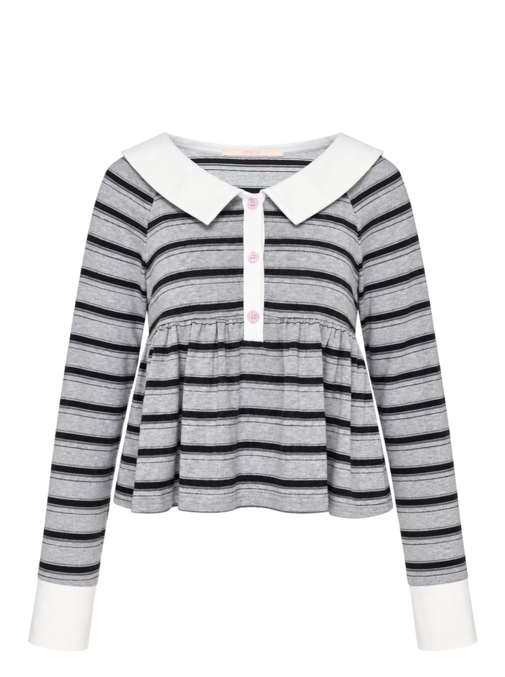 Sultry Virgin Stripe Babydoll Polo in grey and black stripes with a white Peter Pan collar, pink button placket, gathered peplum hem, and white cuff trim on long sleeves