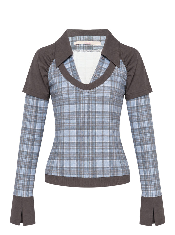 Sultry Virgin Plaid Contrast Top featuring a blue-grey plaid fitted body with an integrated grey jersey collar overlay, long plaid sleeves, split cuffs, and a ribbed hem, styled as a layered two-piece look