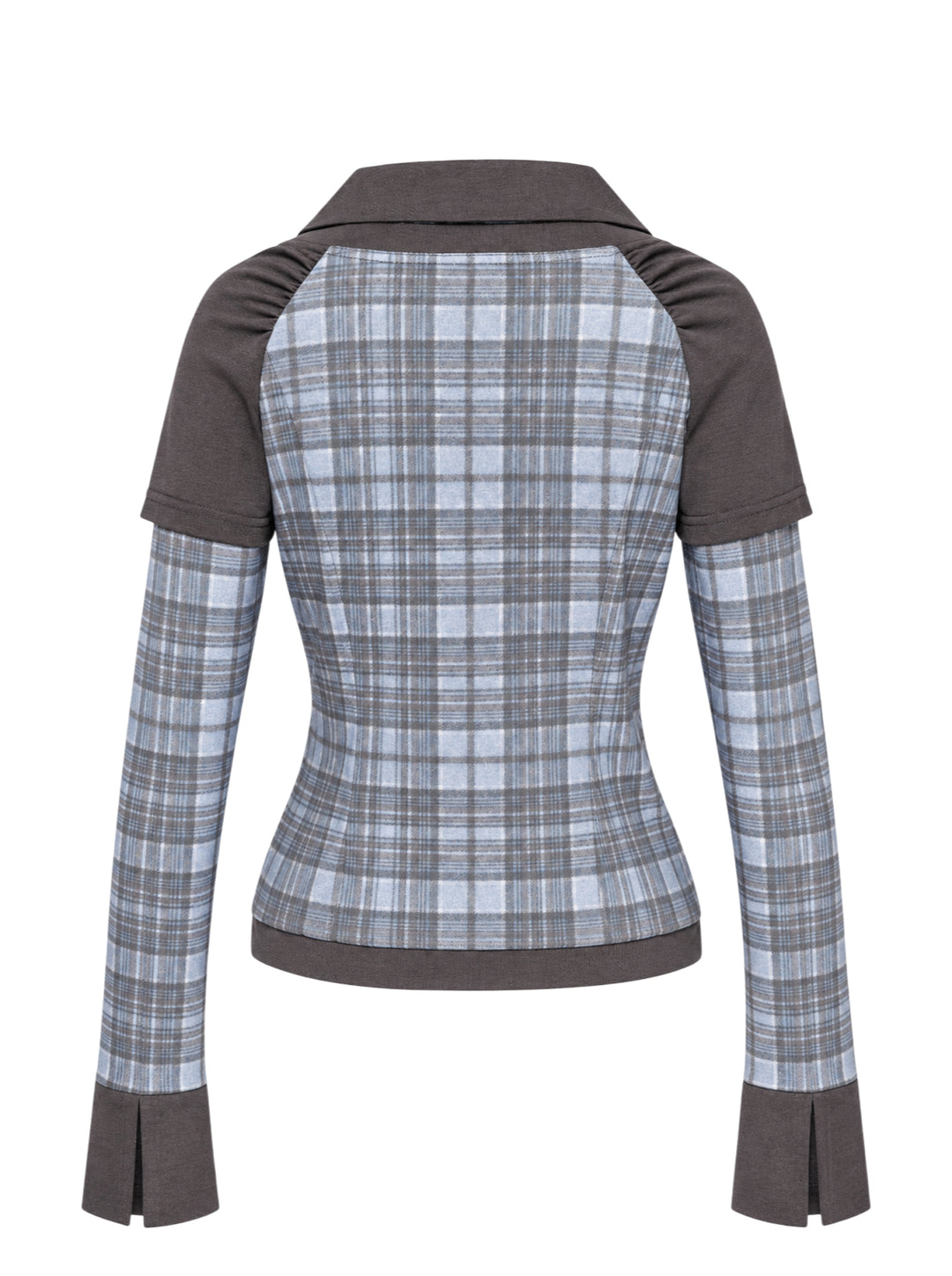Sultry Virgin Plaid Contrast Top featuring a blue-grey plaid fitted body with an integrated grey jersey collar overlay, long plaid sleeves, split cuffs, and a ribbed hem, styled as a layered two-piece look - view 2