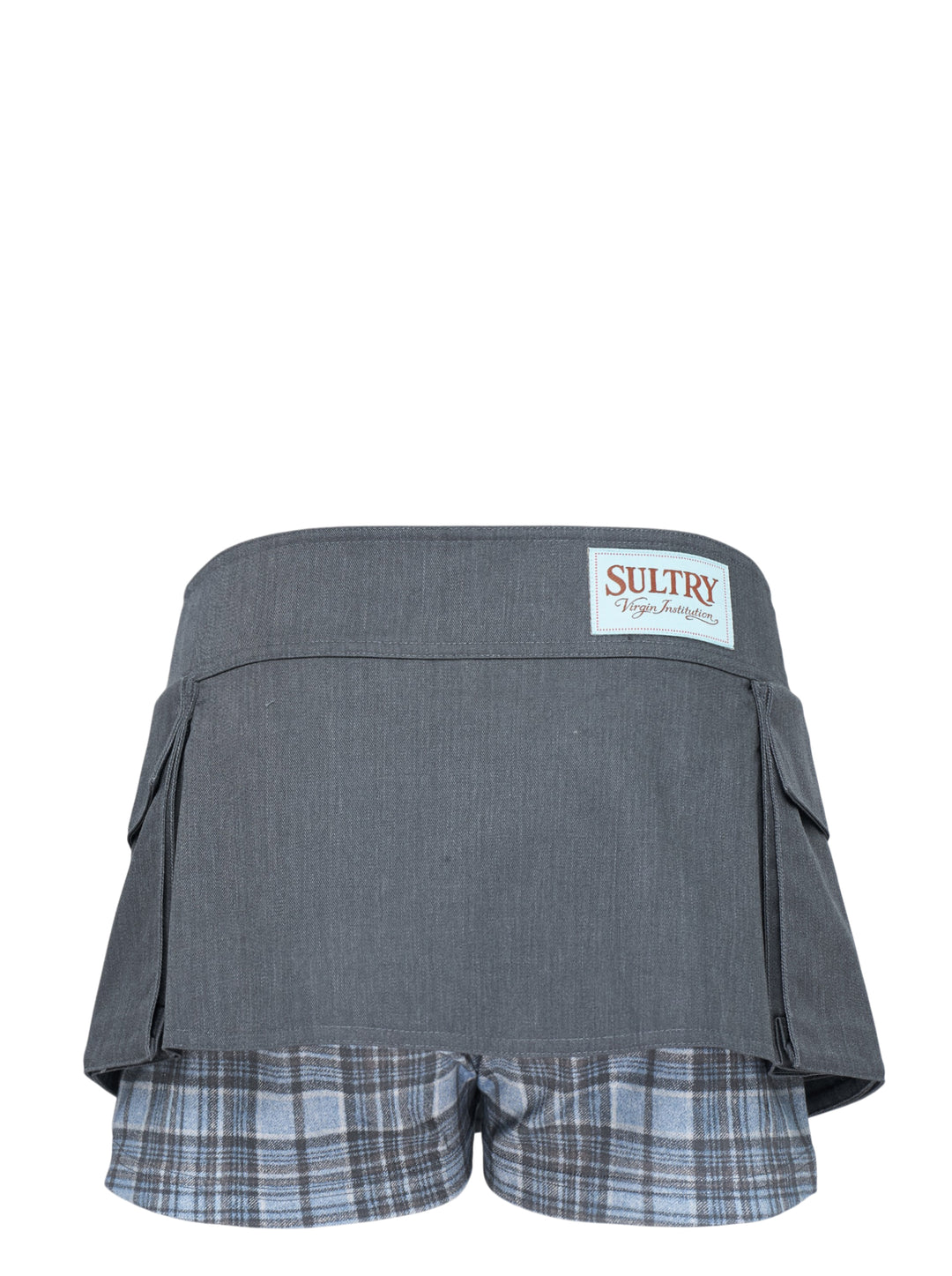 Sultry Virgin Utility Cargo Skort in grey suiting fabric, featuring a crossover wrap waistband with snap buttons, layered pleated panels, cargo pocket detailing, and a plaid underlay at the hem - view 2
