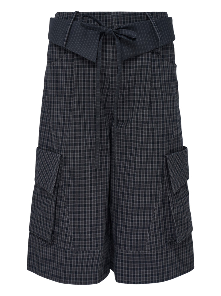 Sultry Virgin Curfew Gingham Cargo Pants in dark navy check with wide-leg silhouette, contrast pinstripe sash belt, and flap cargo pockets