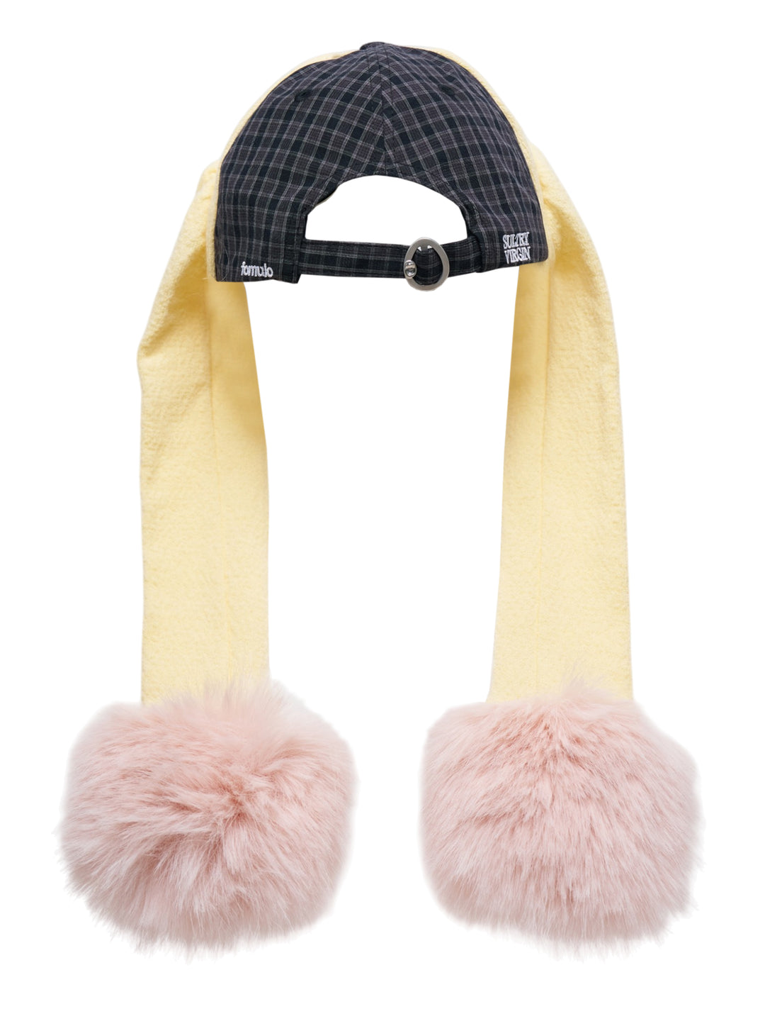 Sultry Virgin Alumni Cardigan Cap in dark plaid with cream fleece drop-ear panels and oversized blush faux-fur pom-poms, featuring embroidered SV lettering on the front - view 2