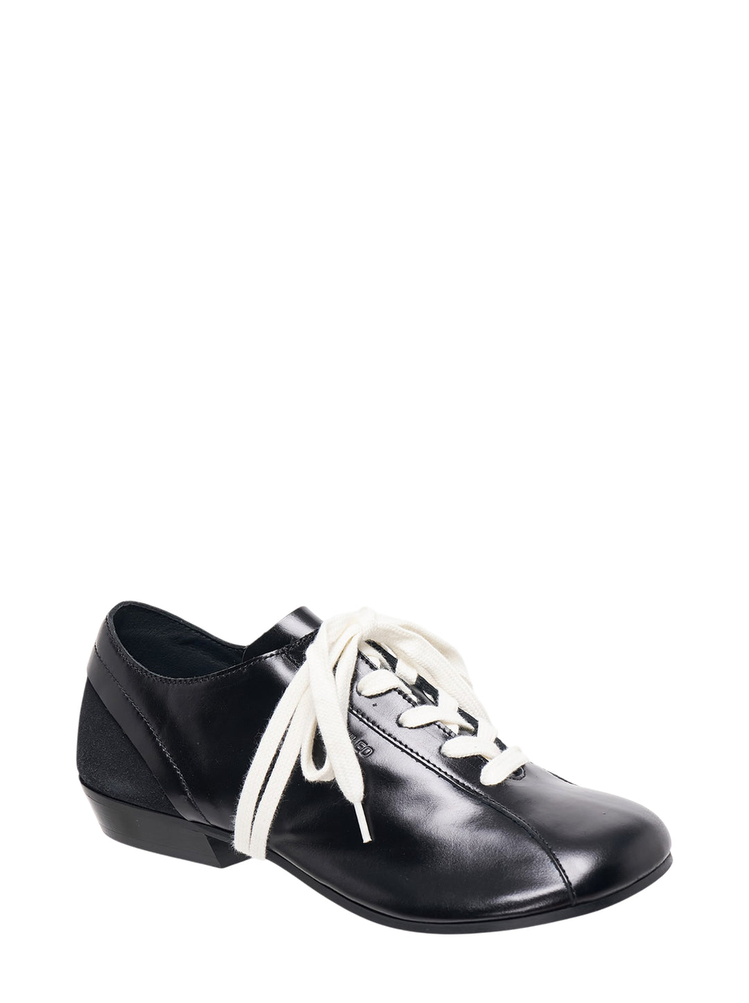 Phileo Cascade black leather lace-up shoe with suede heel panel, cream laces and low stacked heel, shown in side profile - view 2