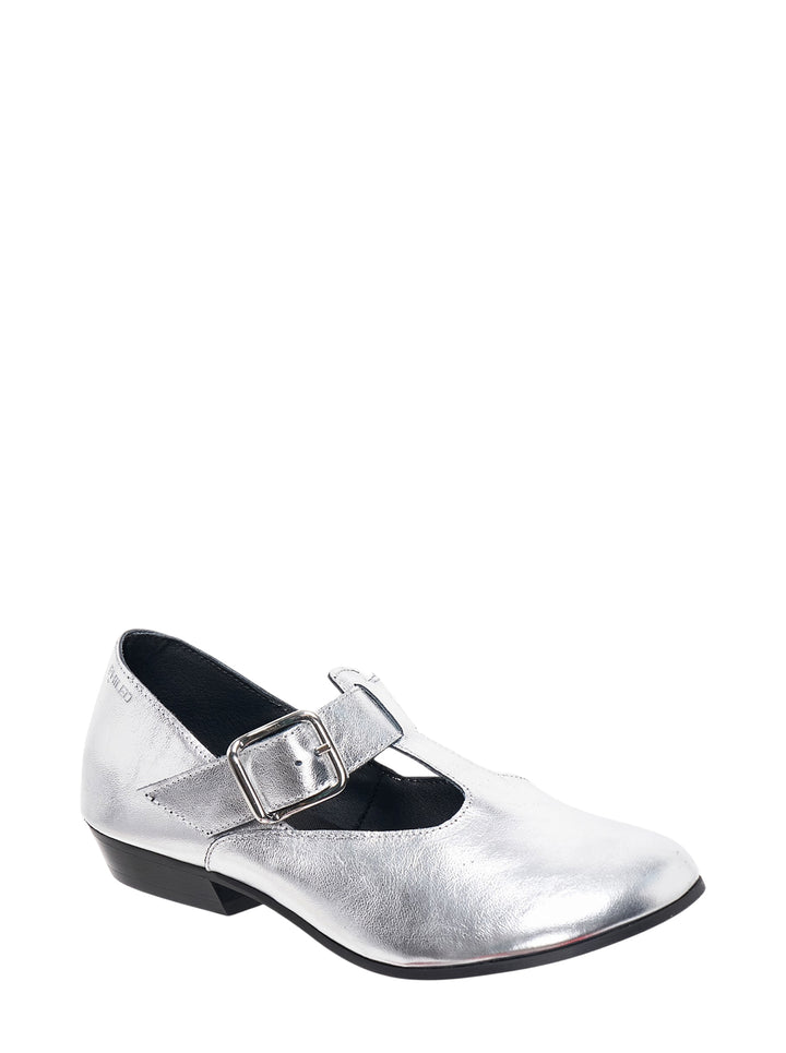 Phileo Salome Mary Jane flats in metallic silver leather with T-bar buckle strap and low block heel, shown in side profile - view 2