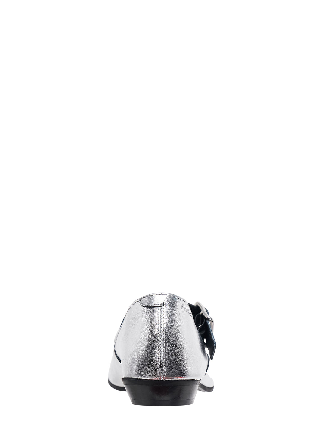 Phileo Salome Mary Jane flats in metallic silver leather with T-bar buckle strap and low block heel, shown in side profile - view 3