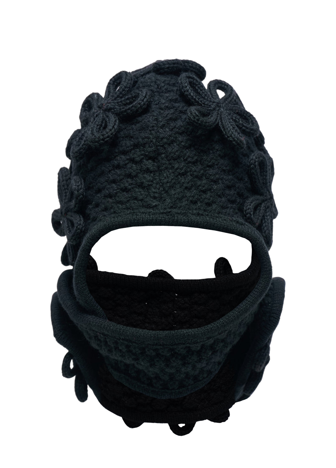 Noir Kei Ninomiya black knitted balaclava with three-dimensional looped floral appliqués across the crown and neck - view 3