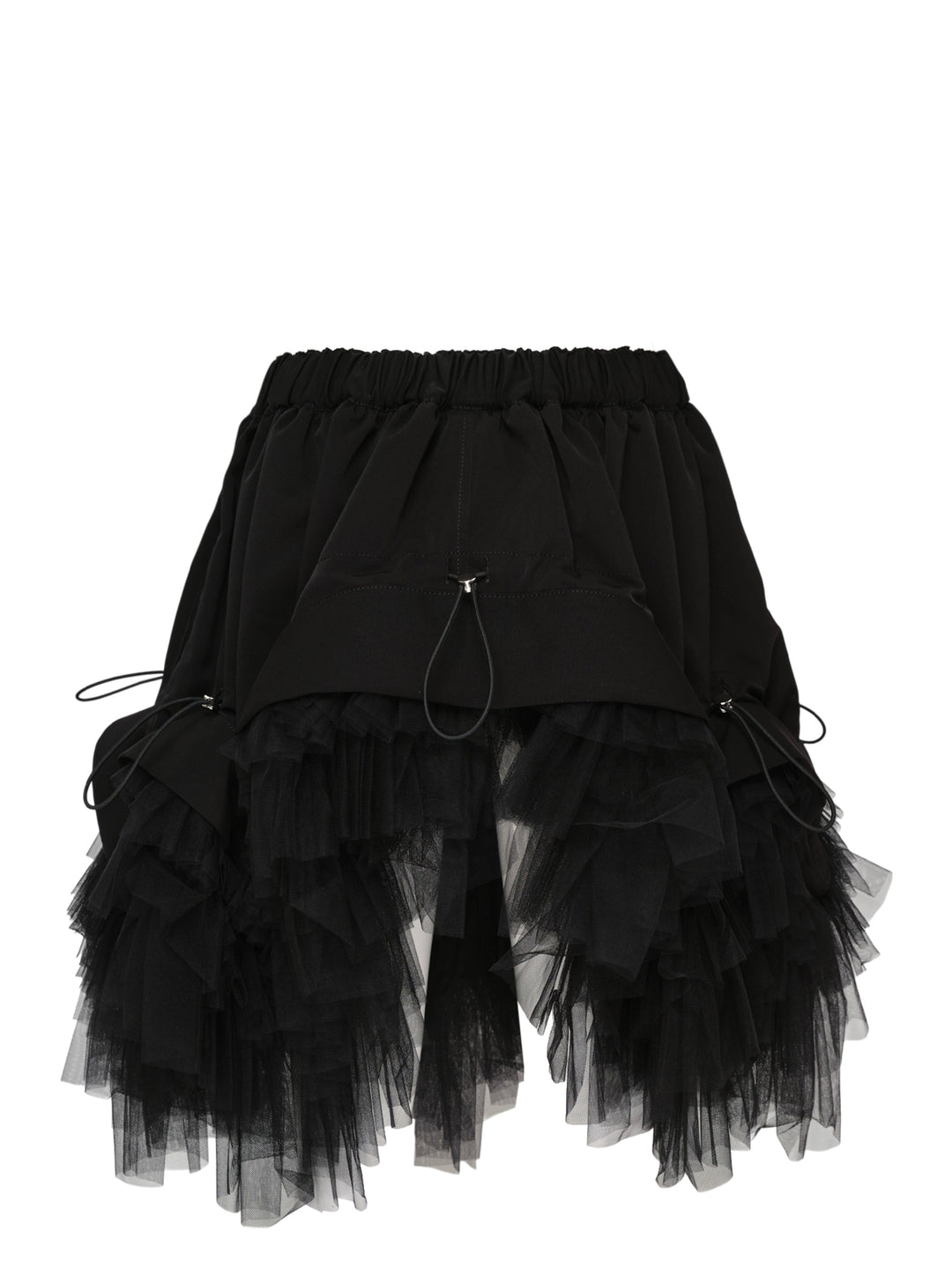 Noir Kei Ninomiya black elasticated waistband mini skirt with ruched woven panels, adjustable drawstring toggles, and layered tiered tulle hem, photographed flat on white background - view 2
