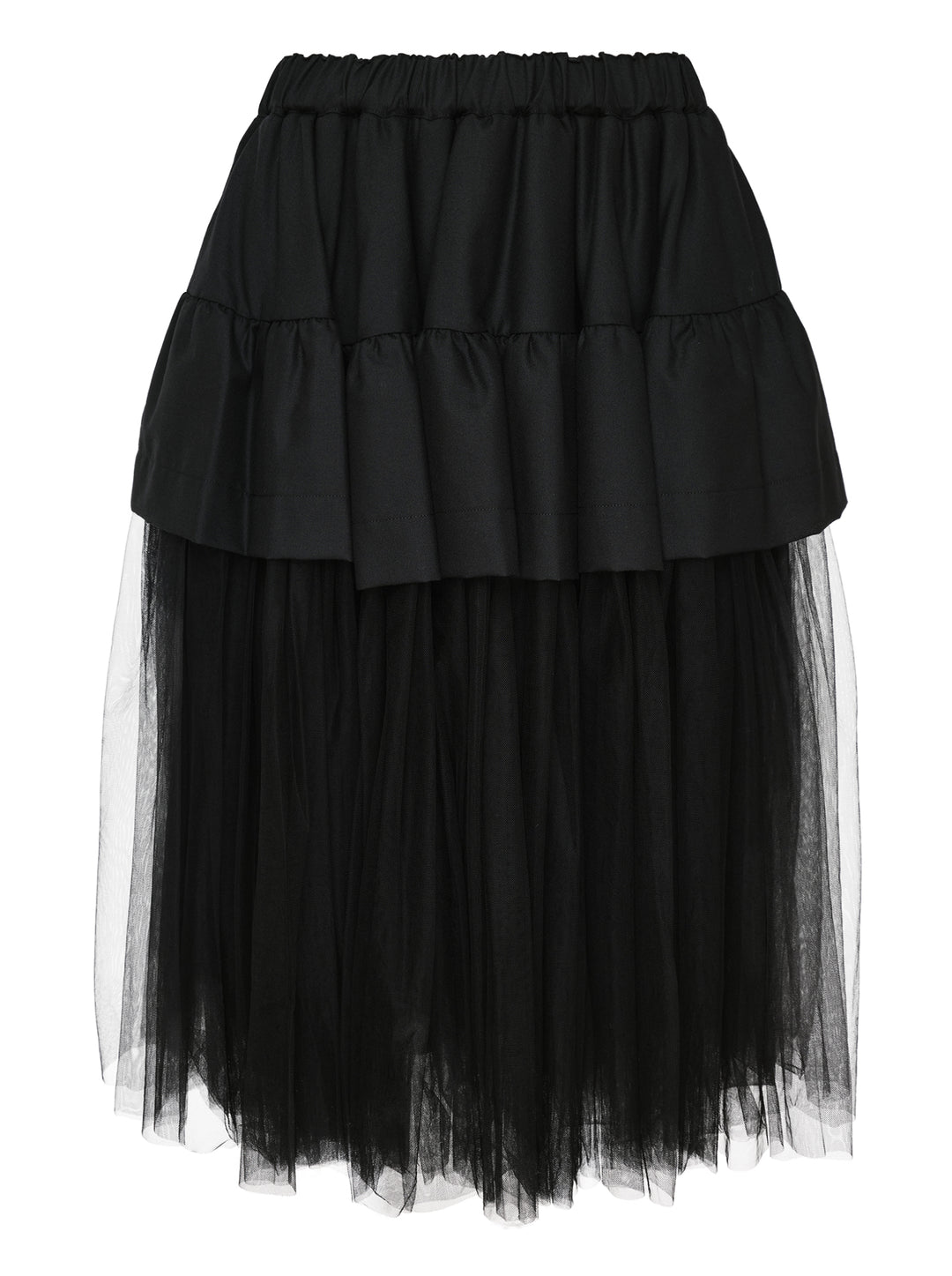 Noir Kei Ninomiya black tiered ruffle skirt with gathered elastic waist and sheer tulle underlayer, midi length, on white background