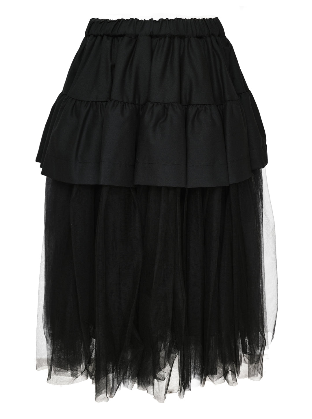 Noir Kei Ninomiya black tiered ruffle skirt with gathered elastic waist and sheer tulle underlayer, midi length, on white background - view 2