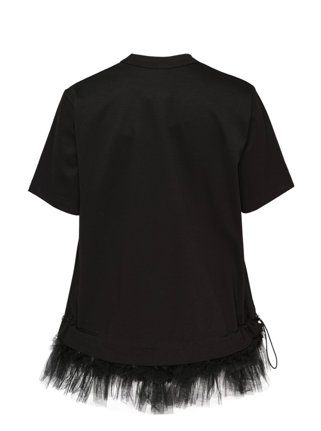 Noir Kei Ninomiya black cotton short sleeve crewneck tee with gathered tulle frill hem and drawstring waistband detail, flat lay on white background - view 2