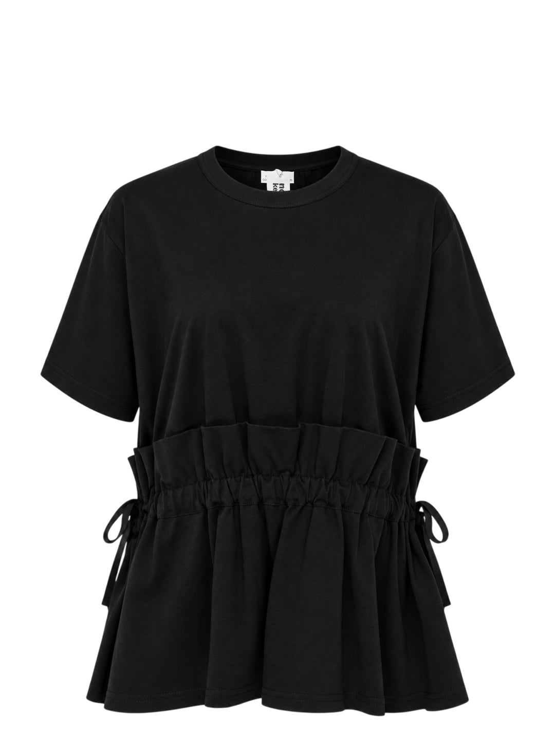 Noir Kei Ninomiya black short-sleeve cotton peplum tee with ruched gathered waistband, drawstring self-ties, and a tiered flared hem, shown flat on a white background