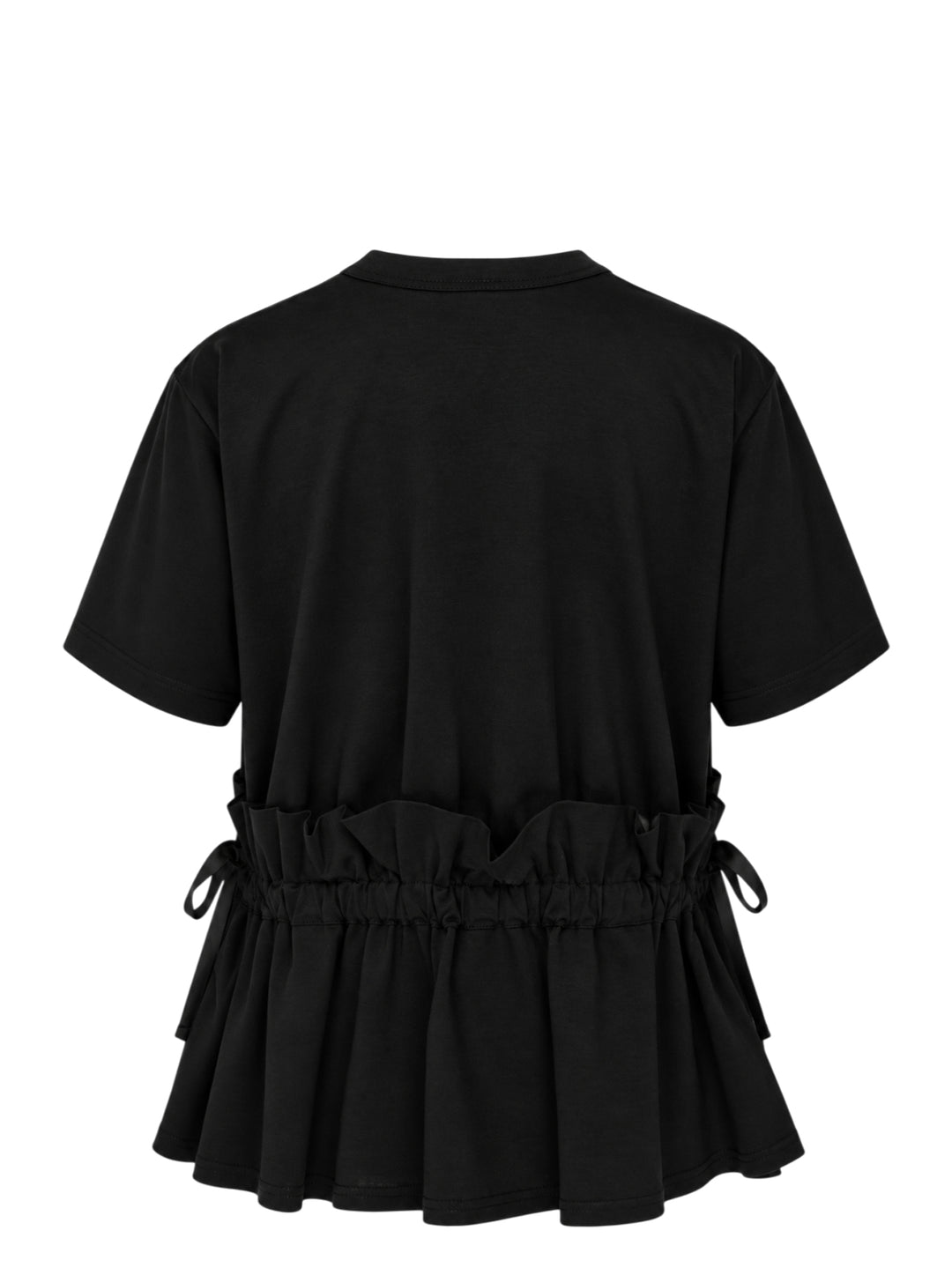 Noir Kei Ninomiya black short-sleeve cotton peplum tee with ruched gathered waistband, drawstring self-ties, and a tiered flared hem, shown flat on a white background - view 2