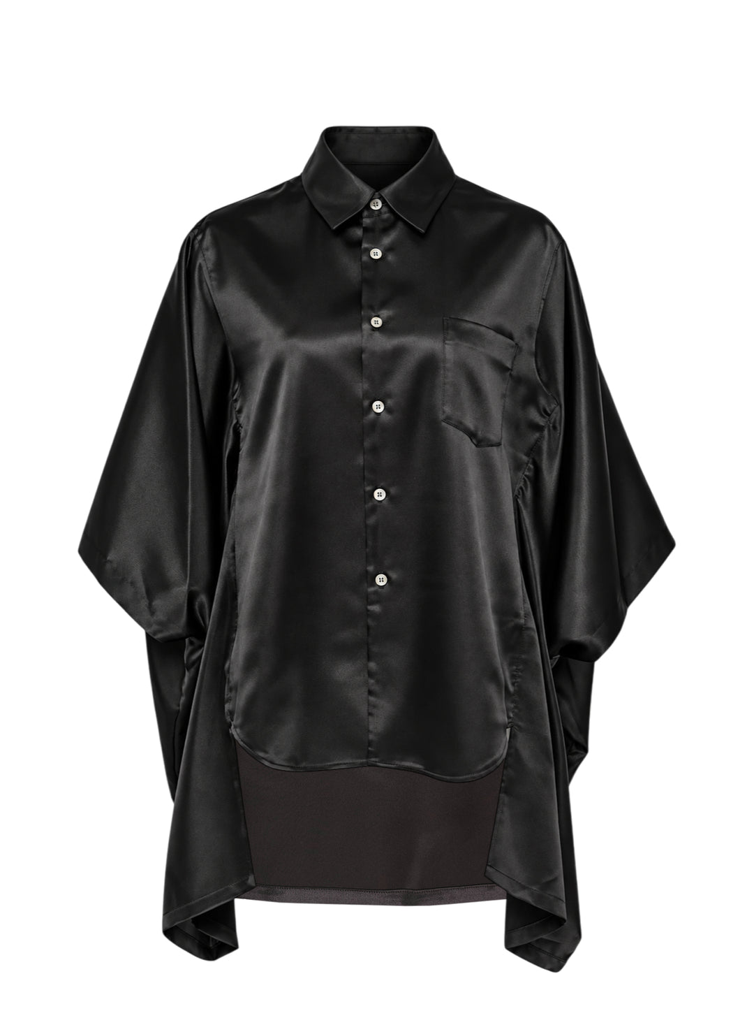 Comme des Garçons black polyester satin blouse with wide cape sleeves, button-front fastening, chest pocket, and contrast matte hem panel, displayed flat on a white background